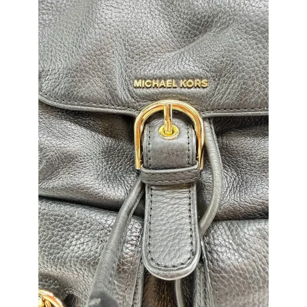 Michael Kors Black Pebbled Leather Backpack Drawstring Flap Pocket Bag Women